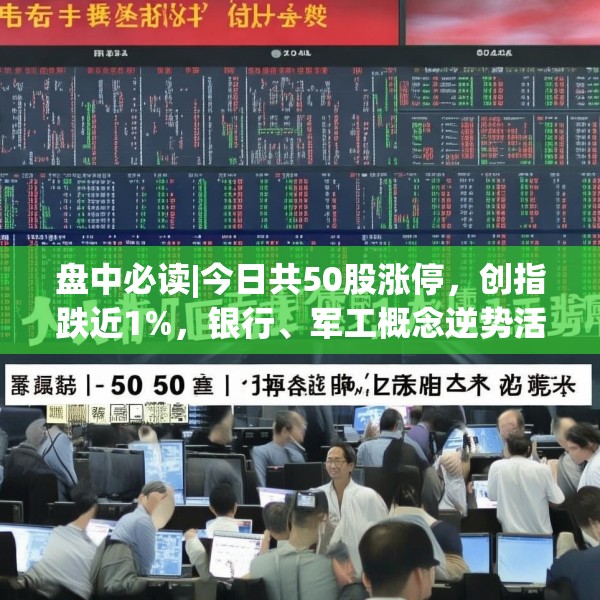 盘中必读|今日共50股涨停，创指跌近1%，银行、军工概念逆势活跃